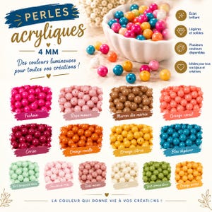 Può includere: Una collezione di perline acriliche da 4 mm in vari colori, tra cui fucsia, rosa, marrone, corallo, ciliegia, arancione, giallo, blu, menta e crema. L'immagine mostra perline sfuse in una ciotola bianca e gruppi organizzati con etichette.