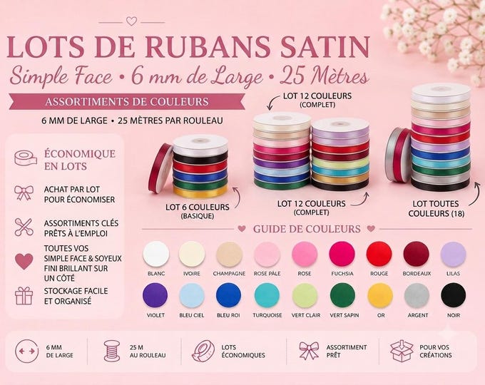 Pack of 10 Rolls of 6mm Satin Ribbon – 250m Total, Colors Choose Your Colors