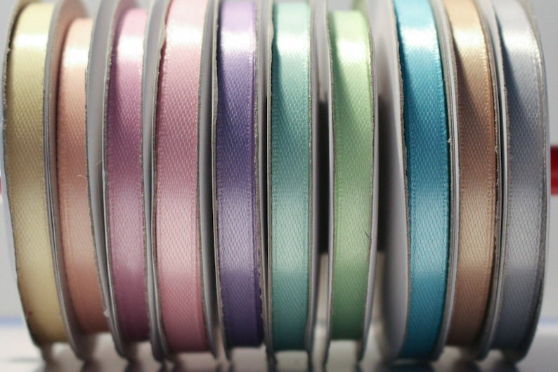 Set of 10 spools of satin ribbon 6mm wide 250 meters in total pastel colors image 1