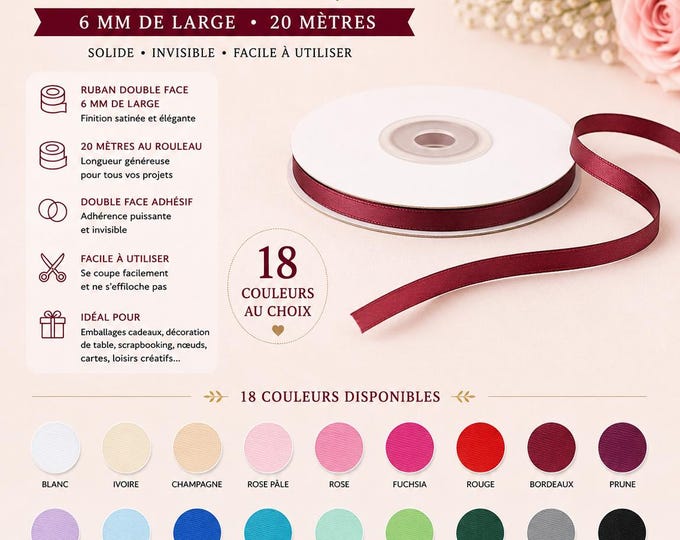 Double satin ribbon 6mm wide, 20m long on a roll