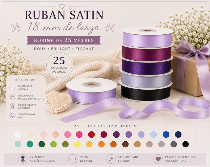single-sided satin ribbon, 18 mm wide, 25 meters long, available in several colors