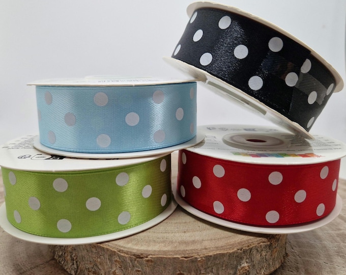 Large Polka Dot Satin Ribbon - 25mm x 25m - Decorative Ribbon for Gift, Sewing, Party, DIY, Wedding, Birthday