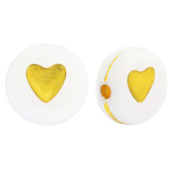 100 weiße, weiße Acrylperlen, kleines goldenes Herz, 6 mm Durchmesser, Lochgröße 1,4 mm