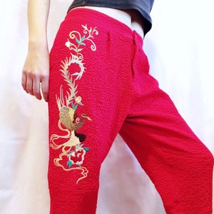 90s Y2K 00s vintage Low waist bird floral oriental embroidery red textured fabric joggers sporty style loose fit pant trousers
