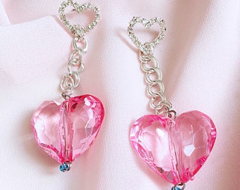 Diamante heart pink cute large baby heart earrings