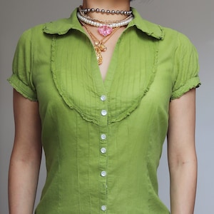 90s Y2k vintage green mini ruffles details short sleeves shirt top