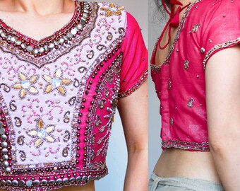 90s vintage pink boho hippie floral sequin beads beaded pale gold threads embroidery back ties crop short sleeves top
