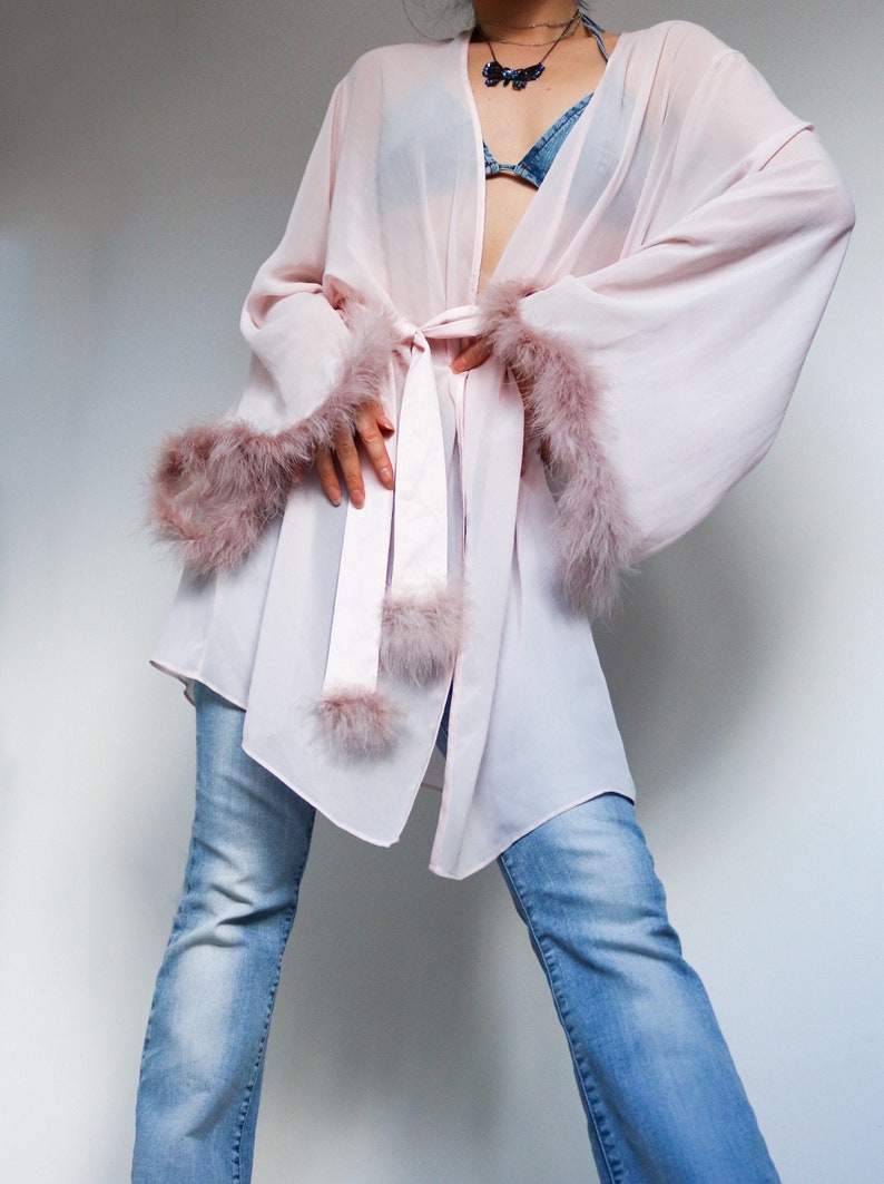 pink silk robe with feathers