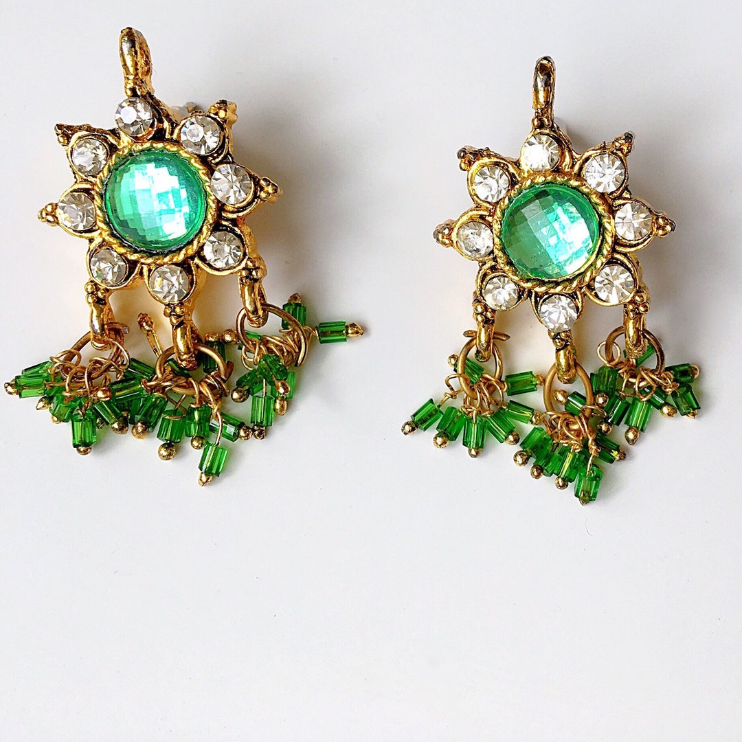 VINTAGE Tribal Green Diamanté Beaded Beads Earrings - Etsy