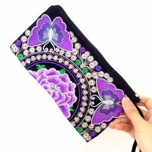 Lila multi color schwarz Tribal Blume Floral Schmetterling Stickerei Makeup kleine Geldbörse Clutch Tasche Handtasche