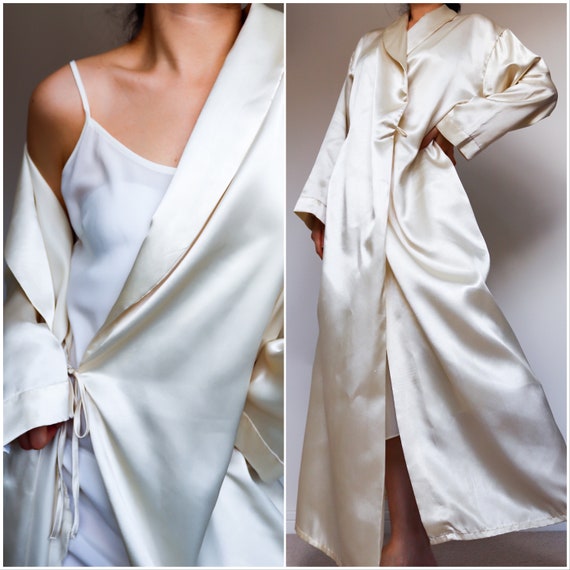 Vintage cream champagne satin long jacket robe