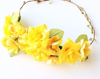 Large floral rose yellow fabric headband Handmade wedding spring summer garden festival boho hippie cute pretty beautiful