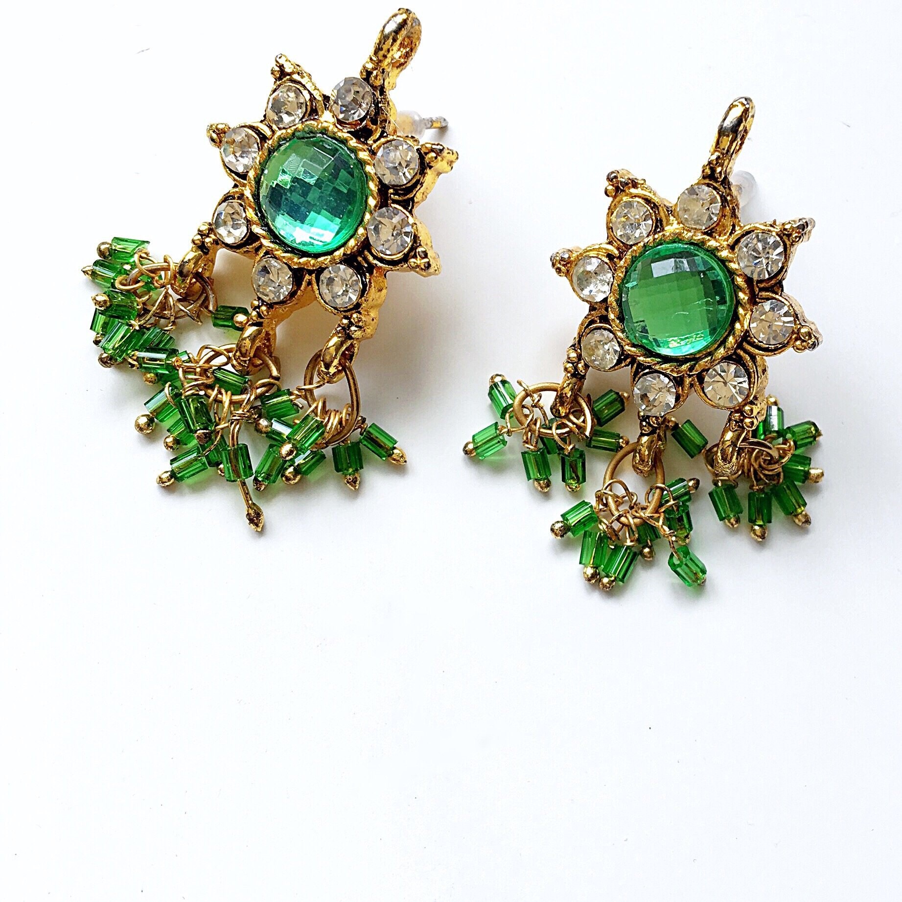VINTAGE tribal green diamanté beaded beads earrings | Etsy