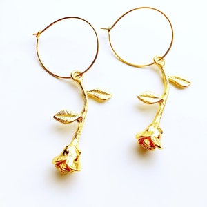 Rose stem hoop earrings