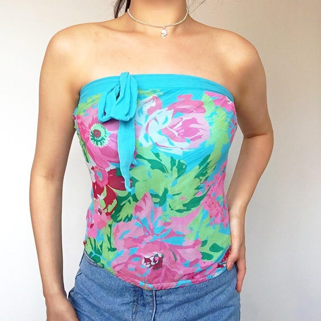 90s Y2k 00s Vintage Blue Silk Floral Tube Top - Etsy