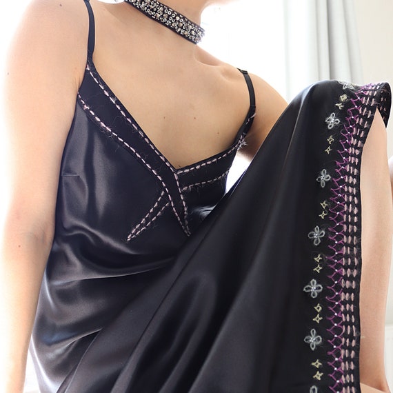 90s Y2K 00s black long maxi pure silk gothic slip