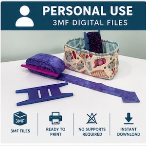 May include: A fabric basket with a sewing-themed print containing purple fabric strips wrapped around blue plastic spools. Text reads: PERSONAL USE 3MF DIGITAL FILES, 3MF FILES, READY TO PRINT, NO SUPPORTS REQUIRED, INSTANT DOWNLOAD.