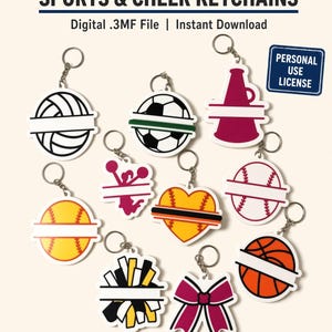 May include: A collection of ten sports and cheer themed keychains featuring designs like a volleyball, soccer ball, megaphone, cheerleader, heart, baseball, softball, pom-poms, hair bow, and basketball, each with a blank horizontal space for text.