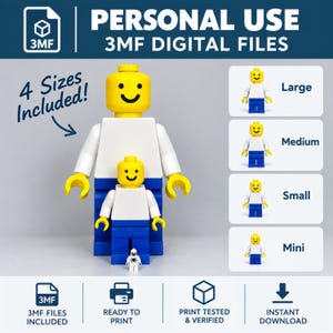 May include: Digital 3MF files for 3D printing a figure with a yellow head, white torso, and blue legs. The image displays four sizes: large, medium, small, and mini. Text includes PERSONAL USE 3MF DIGITAL FILES, 4 Sizes Included!, and Ready to Print.