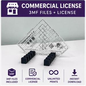May include: A clear, diamond-shaped acrylic quilting ruler with black grid markings and text, supported by two black, rectangular, multi-slotted stands. The top banner reads COMMERCIAL LICENSE 3MF FILES + LICENSE, with bottom icons for 3MF files, license, prints, and download.
