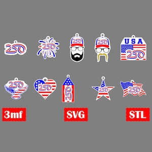 May include: A collection of ten patriotic 250-themed digital charms featuring red, white, and blue designs including stars, hearts, eagles, and faces with hats. The set includes file formats labeled 3mf, SVG, and STL for digital crafting projects.