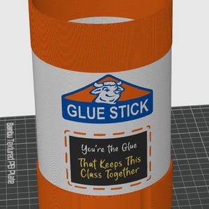 May include: A cylindrical orange and white container featuring a graphic of a cow head inside a blue triangle above the text GLUE STICK. Below this, a black rectangular label with a dashed orange border displays the text You're the Glue That Keeps This Class Together.