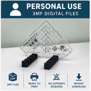 May include: A clear, diamond-shaped acrylic template with printed black grid lines and markings, held upright by two black, rectangular stands with four parallel slots each. The image includes text stating PERSONAL USE 3MF DIGITAL FILES.