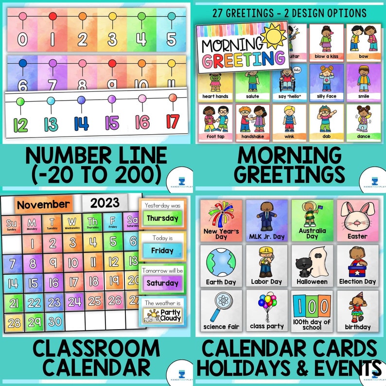 Puede incluir: Un conjunto de tarjetas de calendario de aula coloridas con festivos y eventos. Las tarjetas presentan ilustraciones de varios d&iacute;as festivos, incluyendo el D&iacute;a de A&ntilde;o Nuevo, el D&iacute;a de Martin Luther King Jr., el D&iacute;a de la Tierra y Halloween. Las tarjetas tambi&eacute;n incluyen una l&iacute;nea num&eacute;rica, un calendario de aula y un conjunto de tarjetas de saludo matutino.