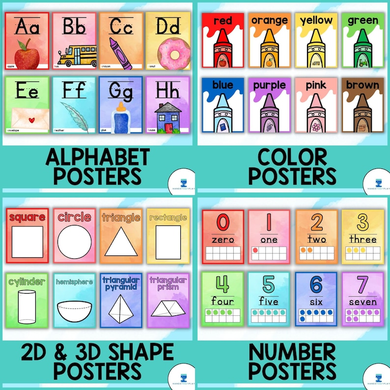 Puede incluir: Un conjunto de carteles coloridos del alfabeto, colores, formas y n&uacute;meros para aulas de preescolar o jard&iacute;n de infantes. Los carteles presentan fondos de acuarela e ilustraciones de letras, colores, formas y n&uacute;meros.