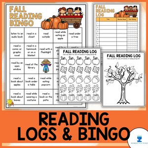 May include: A printable set of fall-themed reading logs and bingo cards. The bingo card features activities like "read in a closet" and "read while eating an apple". The reading logs include a tree to color in for every 20 minutes of reading and a page to color in one object for every 10 minutes of reading.