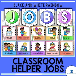 Vacatureweergave klashulp | Bewerkbaar takenoverzicht in de klas | Monochroom regenboog aquarel klaslokaaldecoratie