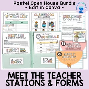 May include: A pastel-themed classroom open house bundle featuring printable forms and station signs. Documents include a wish list, student snapshot, daily schedule, and welcome letters with colorful graphics and text in a light green folder.