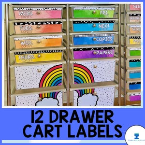 12 Etiketten für den Schubladenwagen | Monochrome Regenbogen Aquarell Etiketten für Klassenzimmer | Etiketten fürs Schulzimmer