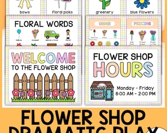 May include: A colorful printable set for pretend play, featuring a flower shop theme. The set includes signs for 'Floral Words', 'Order', 'Pricing', 'Welcome to the Flower Shop', and 'Flower Shop Hours'.