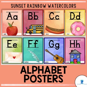 アルファベットのポスター | 文字の形成 | 夕焼けの虹の水彩画 | 教室の装飾