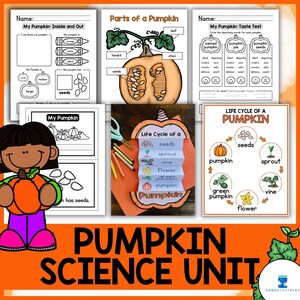 May include: A printable pumpkin science unit for kids. The unit includes activities like drawing a pumpkin, labeling parts of a pumpkin, and learning about the life cycle of a pumpkin. The unit also includes a taste test activity where kids can circle words that describe different types of pumpkin.
