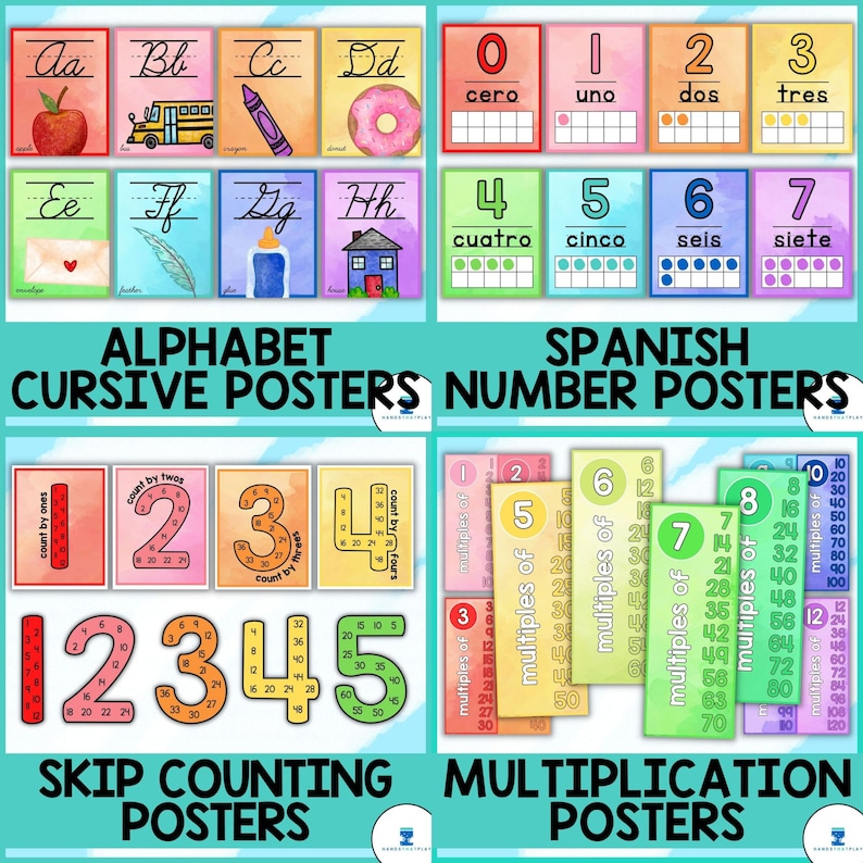 Puede incluir: Un conjunto de carteles imprimibles coloridos para ense&ntilde;ar n&uacute;meros espa&ntilde;oles, cursiva del alfabeto, contar de a saltos y multiplicaci&oacute;n. Los carteles presentan fondos y ilustraciones de acuarela.