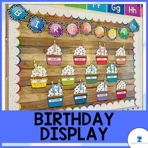 Quadro de avisos e banners de aniversário | Arco-íris preto e branco | Cupcakes e velas coloridas | Decoração de sala de aula de feliz aniversário
