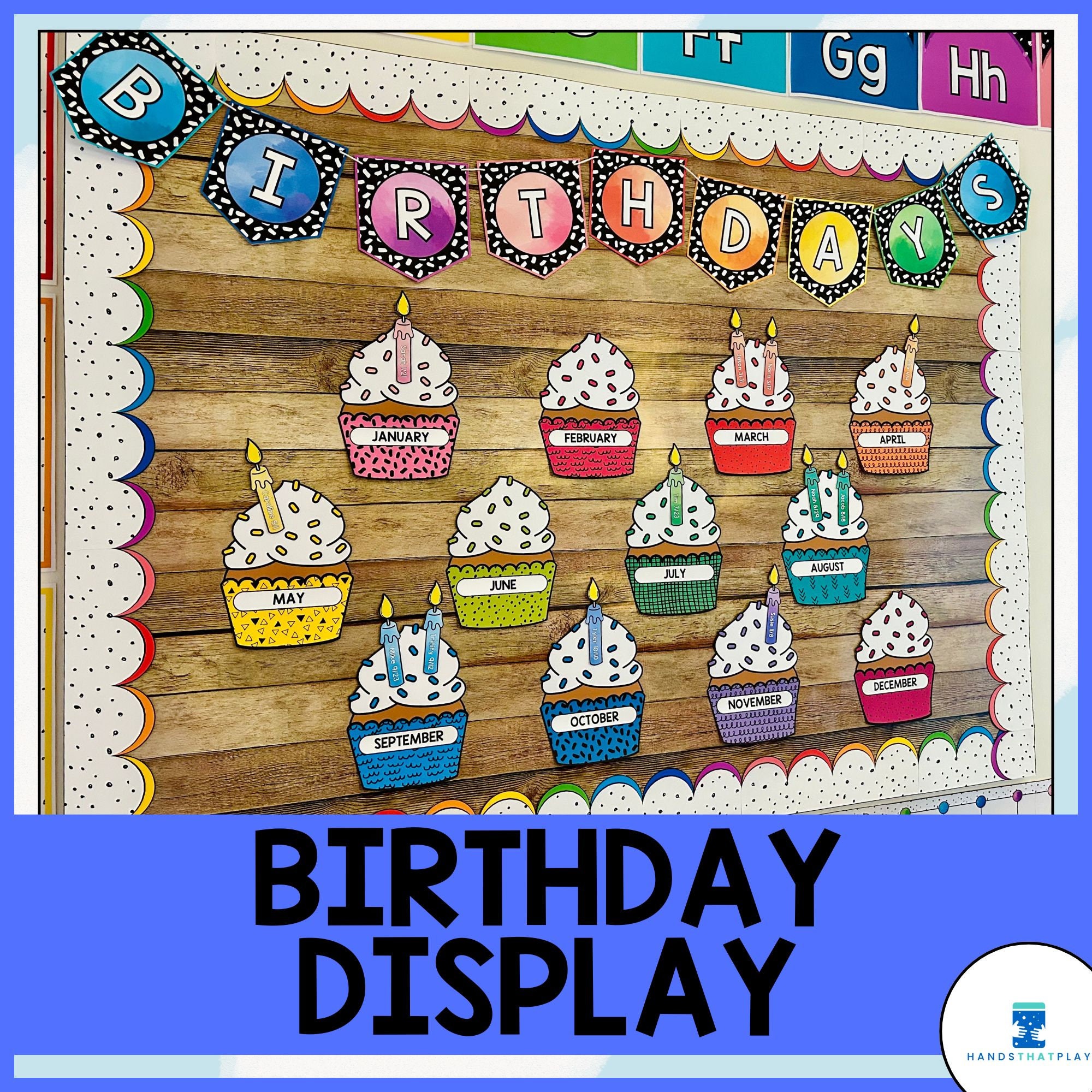 Birthday Bulletin Board and Banners | Black and White Rainbow | Colorful Cupcakes and Candles | Happy Birthday Classroom Decor