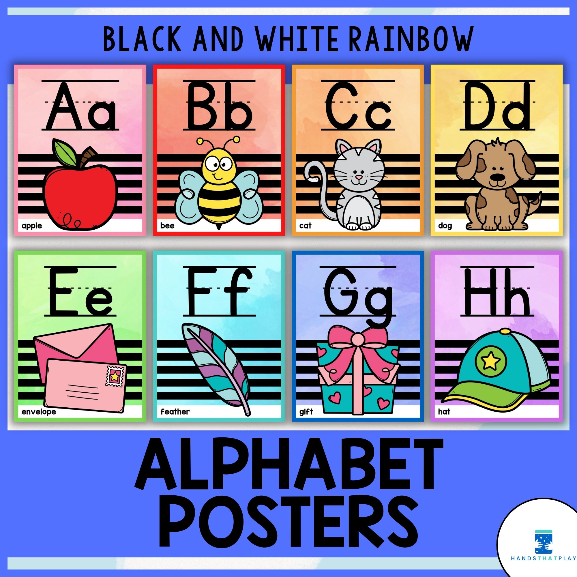 Primary Alphabet Posters Black and White Rainbow Monochrome Classroom