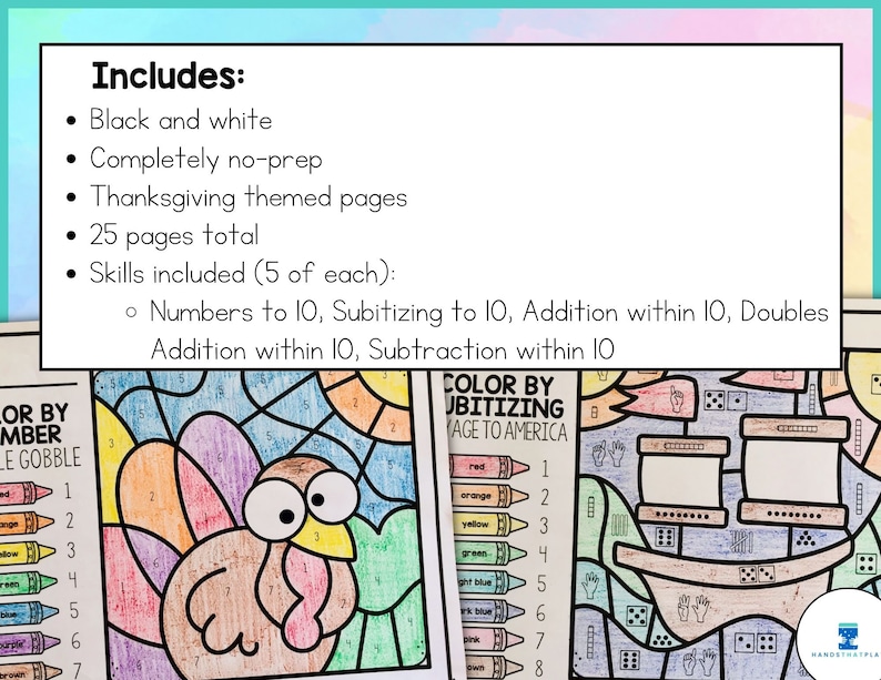 Puede incluir: Un libro para colorear con tem&aacute;tica de Acci&oacute;n de Gracias con un pavo en la portada. El libro incluye 25 p&aacute;ginas de actividades para colorear que se centran en los n&uacute;meros hasta el 10, la subitizaci&oacute;n, la suma, la resta y las duplicaciones.
