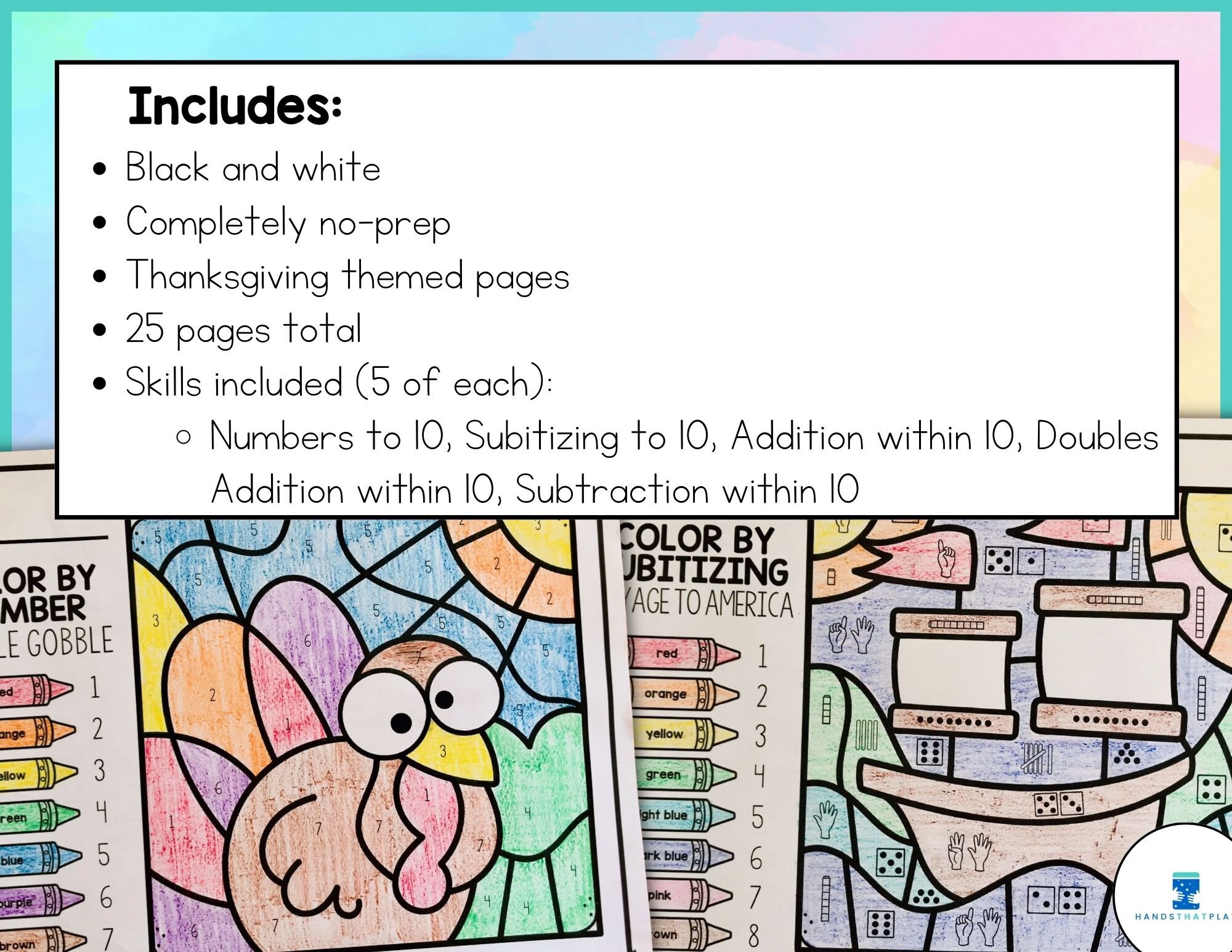Thanksgiving Color by Number Coloring Pages - Math (within 10) - Etsy