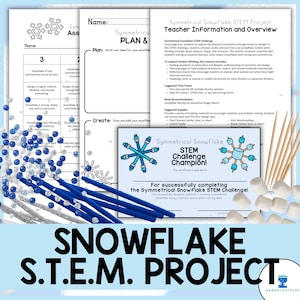 May include: A STEM project resource with worksheets, instructions, and a certificate for a symmetrical snowflake challenge. Includes blue pipe cleaners, white marshmallows, and wooden sticks. The title reads "Snowflake S.T.E.M. Project".