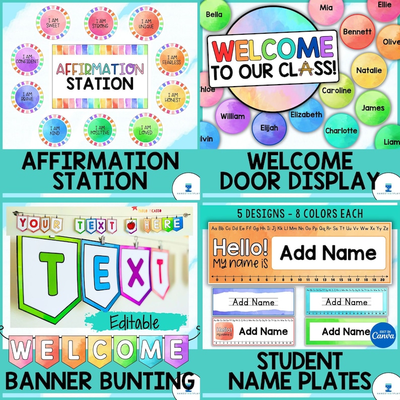 Puede incluir: Un conjunto de decoraci&oacute;n de aula imprimible con fondos de acuarela coloridos. El conjunto incluye una pantalla de bienvenida para la puerta, una estaci&oacute;n de afirmaci&oacute;n, placas de nombres de estudiantes y una pancarta de bienvenida. La pantalla de bienvenida para la puerta presenta un letrero de bienvenida con el texto "&iexcl;Bienvenido a nuestra clase!" y una lista de nombres de estudiantes. La estaci&oacute;n de afirmaci&oacute;n presenta un letrero con el texto "Estaci&oacute;n de afirmaci&oacute;n" y un conjunto de c&iacute;rculos de afirmaci&oacute;n con mensajes positivos. Las placas de nombres de los estudiantes presentan una variedad de dise&ntilde;os con el texto "Agregar nombre". La pancarta de bienvenida presenta el texto "Bienvenido" en letras coloridas.