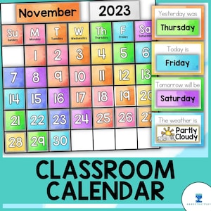 Conjunto de calendario de aula / Acuarela arco iris / Decoración colorida del aula