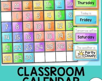 May include: A colorful classroom calendar for November 2023 with watercolor-style backgrounds. The calendar includes days of the week, dates, and a weather icon showing partly cloudy skies. The text "Yesterday was Thursday", "Today is Friday", and "Tomorrow will be Saturday" is also included.