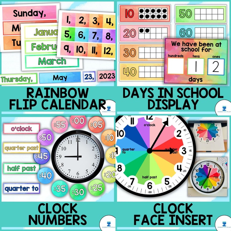 Puede incluir: Un calendario de bolsillo arco&iacute;ris colorido con los d&iacute;as de la semana, los meses y los n&uacute;meros del 1 al 12. Una esfera de reloj con los n&uacute;meros del 1 al 12 y una esfera de reloj dividida en cuartos con las palabras 'quarter to', 'half past', 'quarter past' y 'o'clock'. Una pantalla de d&iacute;as en la escuela con un contador para cientos, decenas y unidades. El contador muestra 1 cien y 2 unidades. El texto 'We have been at school for' tambi&eacute;n est&aacute; incluido.