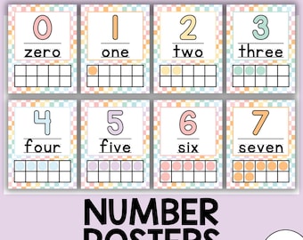May include: A set of eight pastel-colored number posters, each featuring a number from zero to seven, its corresponding word, and a ten-frame. The posters have a checkered background and the text "Pastel Prep: 3 Design Options" and "NUMBER POSTERS".