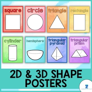 Carteles de formas 2D y 3D / Acuarelas arcoíris / Decoración del aula