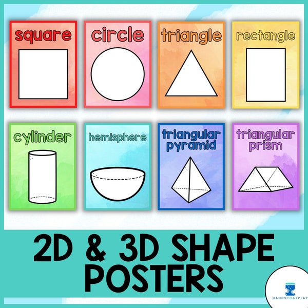 2D and 3D Shape Posters | Rainbow Watercolors | Classroom Decor